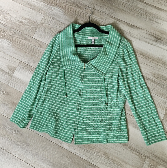 St. John Green White Stripe Sweater Jacket Zip Front - Picture 1 of 7